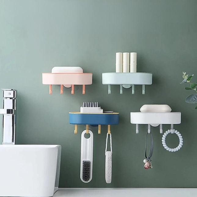 Seinään kiinnitettävä saippuateline koukuilla